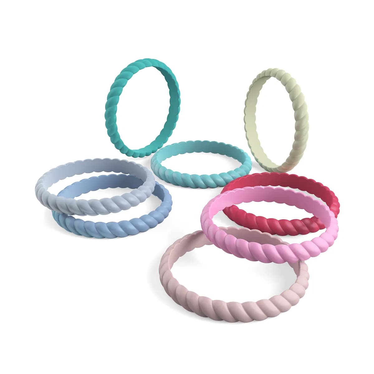 Stackable braided silicone wedding ring pastel set of 8 women rings.