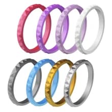 Diamond stackable silicone ring women groovy set of 8 rings purple, violet, white, silver, gold, blue, grey.
